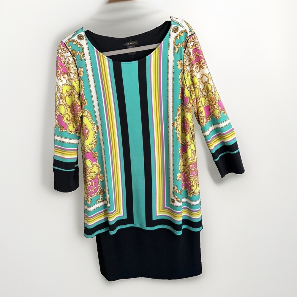 Eva Varro Colorful Womens Large 3/4 Sleeve Tunic Dress L/Pit2Pit 38”/ L 35”